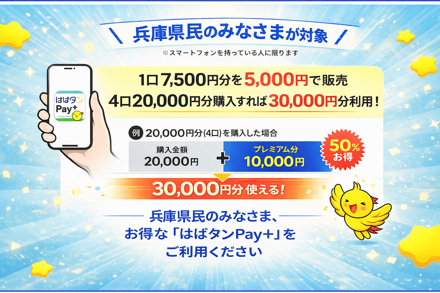 50%お得!はばタンPay+第5弾 兵庫県民の家計応援デジタル券 申込開始のイメージ画像